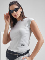 Women's Grey Casual Printed Slim Fit Sleeveless Top