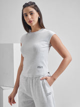 Women's Grey Casual Printed Slim Fit Sleeveless Top