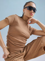 Women's Brown Casual Printed Regular Fit Half Sleeves Top