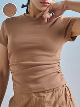 Women's Brown Casual Printed Regular Fit Half Sleeves Top