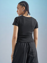 Women's Black Casual Printed Regular Fit Half Sleeves Top