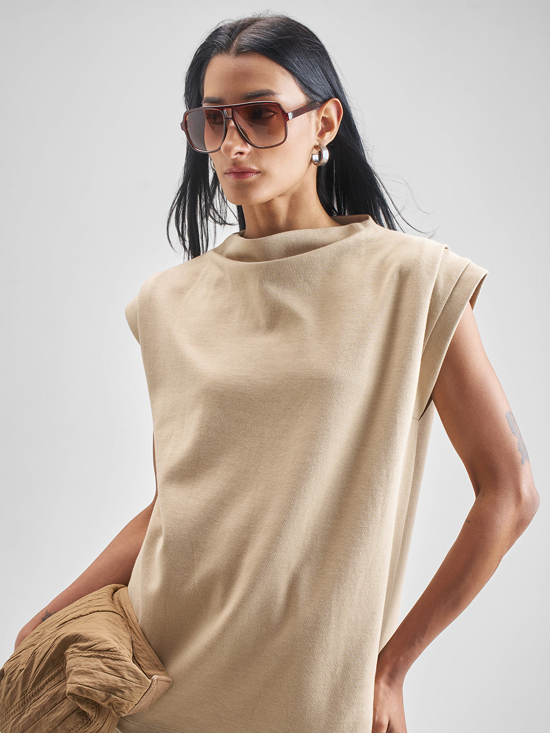 Women's Beige Casual Solid Sleeveless Top