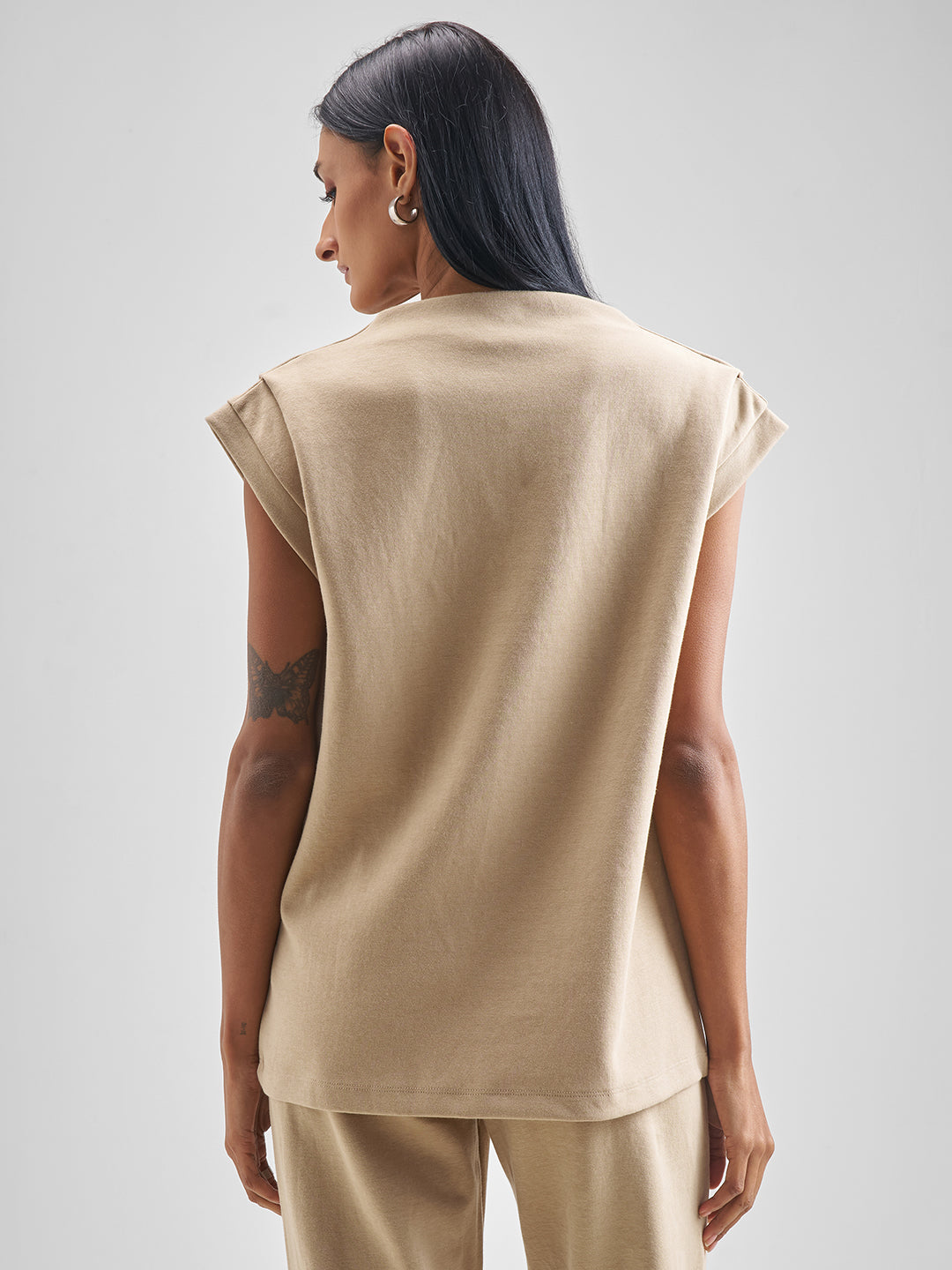 Women's Beige Casual Solid Sleeveless Top