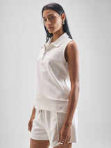 Women's White Casual Self-Design Sleeveless Top