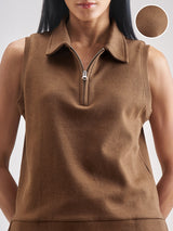Women's Brown Casual Self-Design Half Sleeves Top