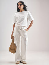 Women's White Casual Self-Design Half Sleeves Top