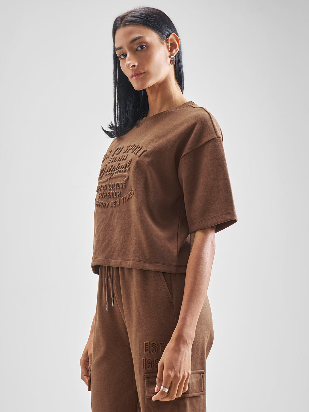 Women's Brown Casual Self-Design Sleeveless Top