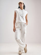 Women's White Casual Self-Design Sleeveless Top