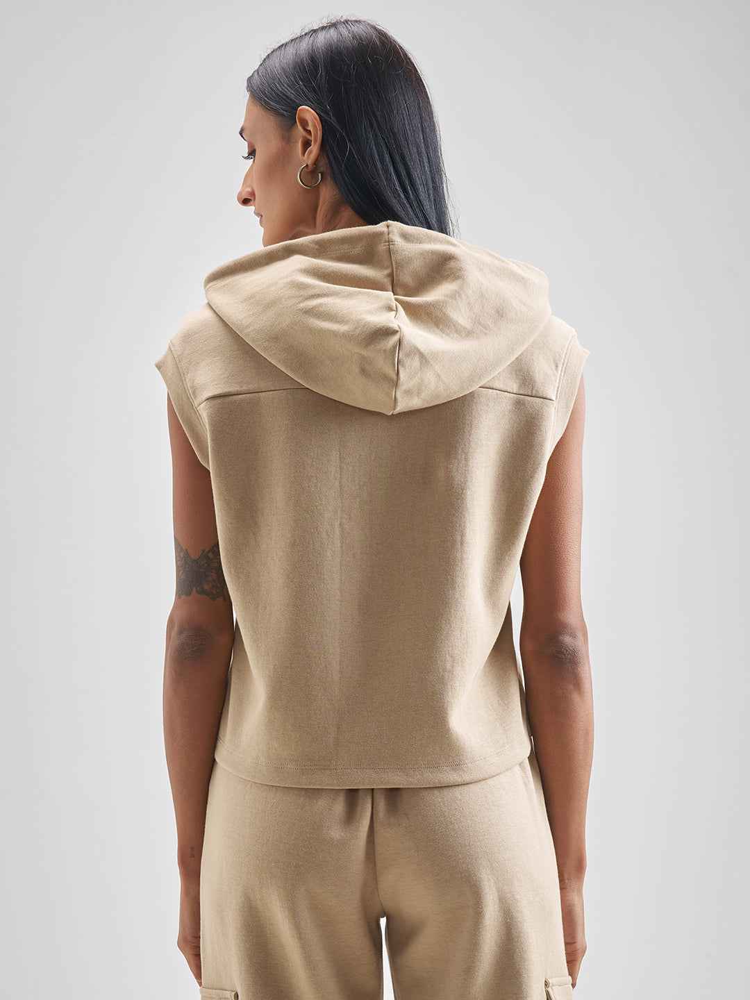 Women's Beige Casual Self-Design Sleeveless Top