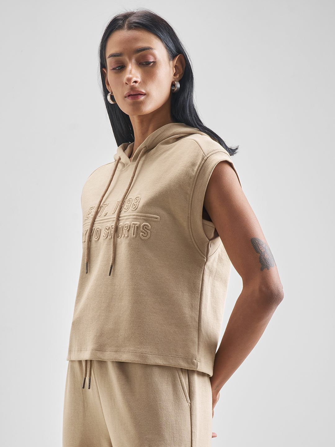 Women's Beige Casual Self-Design Sleeveless Top