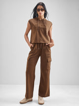 Women's Brown Casual Self-Design Sleeveless Top