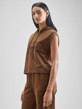 Women's Brown Casual Self-Design Sleeveless Top