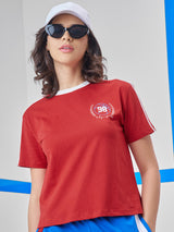 Women's Red Casual Printed Oversized Fit Half Sleeves Tshirt