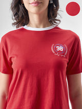 Women's Red Casual Printed Oversized Fit Half Sleeves Tshirt