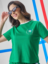 Women's Green Casual Printed Oversized Fit Half Sleeves Tshirt