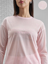 Women's Pink Casual Self-Design Half Sleeves Tshirt