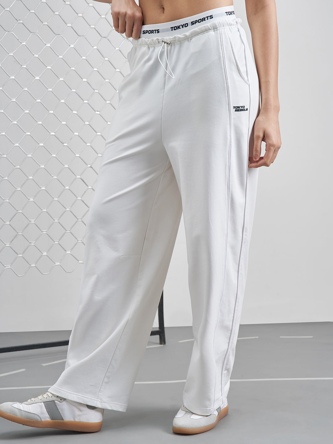 Women's White Casual Jacquard Barrel Fit Trackpant