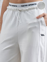 Women's White Casual Jacquard Barrel Fit Trackpant