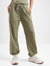 Women's Olive Casual Sporty Contrast Side Piping Baggy Jogger