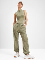 Women's Olive Casual Sporty Contrast Side Piping Baggy Jogger