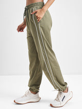 Women's Olive Casual Sporty Contrast Side Piping Baggy Jogger