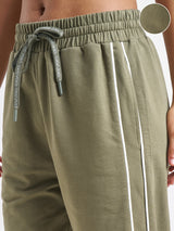Women's Olive Casual Sporty Contrast Side Piping Baggy Jogger
