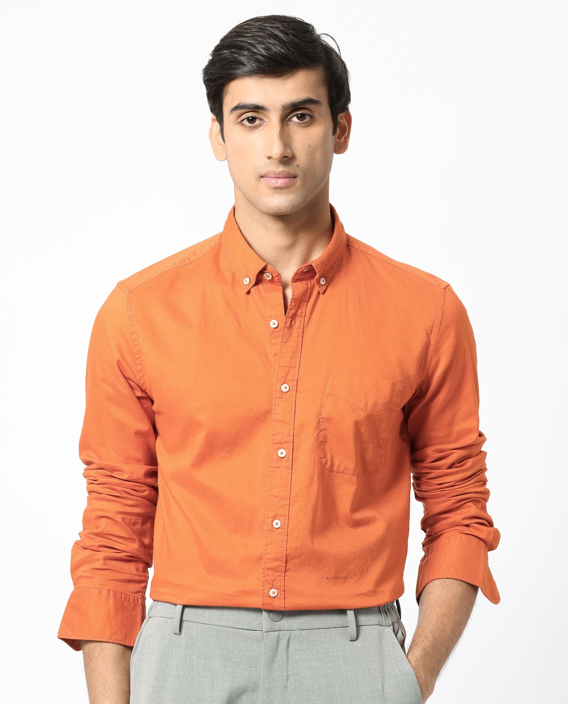 Men's Orange Formal Regular Fit Solid Full Sleeves Shirt