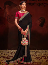 Women's Vichitra Silk Black Embellished Designer Saree with Blouse Piece
