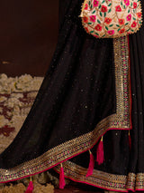 Women's Vichitra Silk Black Embellished Designer Saree with Blouse Piece