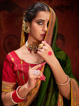 Women's Vichitra Silk Olive Embellished Designer Saree With Blouse Piece
