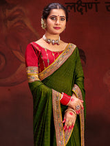 Women's Vichitra Silk Olive Embellished Designer Saree With Blouse Piece