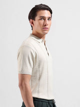 Men's White Slim Fit Textured Polo Collar Tshirt
