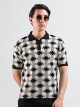 Men's White Slim Fit Textured Polo Collar Tshirt