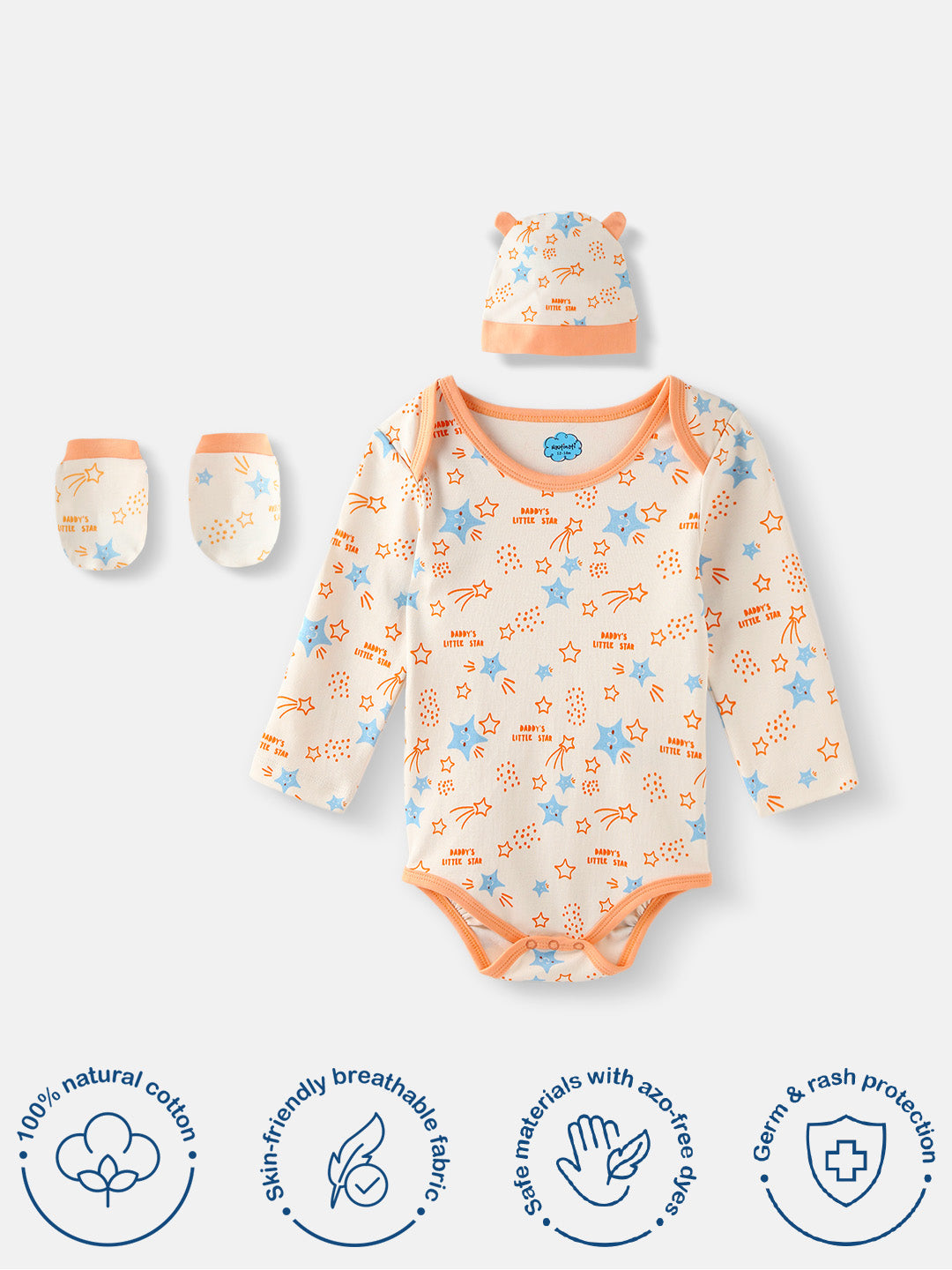 Infants Soft Cotton Star Print Bodysuit With Mittens And Beanie