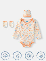 Infants Soft Cotton Star Print Bodysuit With Mittens And Beanie