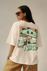 Women's Beige Casual Printed Oversized Half Sleeves Tshirt