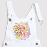 Girls White Casual Sleeveless Graphic Dungaree