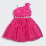 Girls Hot Pink Party Fit & Flared One Shoulder Dress