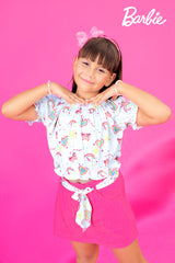 Girls Pink Casual Regular Printed Top and Skorts Set