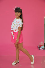 Girls Pink Casual Regular Printed Top and Skorts Set
