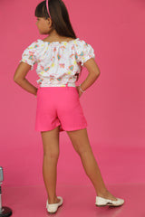 Girls Pink Casual Regular Printed Top and Skorts Set