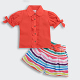 Girls Red Casual Half Sleeves Top and Short Set