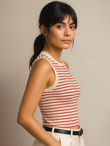 Women's Red Casual Slim Fit Striped Sleeveless Top