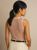 Women's Red Casual Slim Fit Striped Sleeveless Top