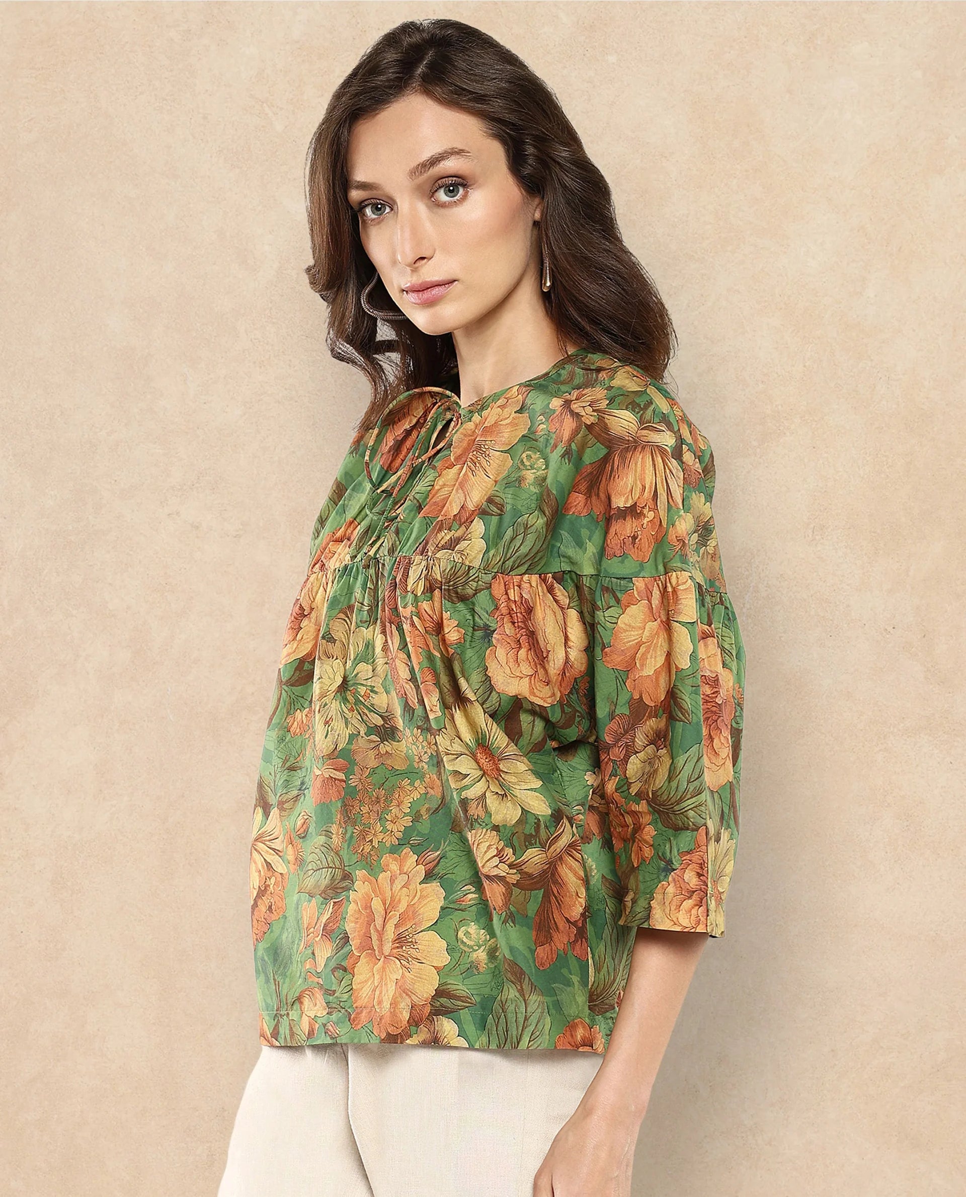 Women's Green Three Quarter Sleeves Top