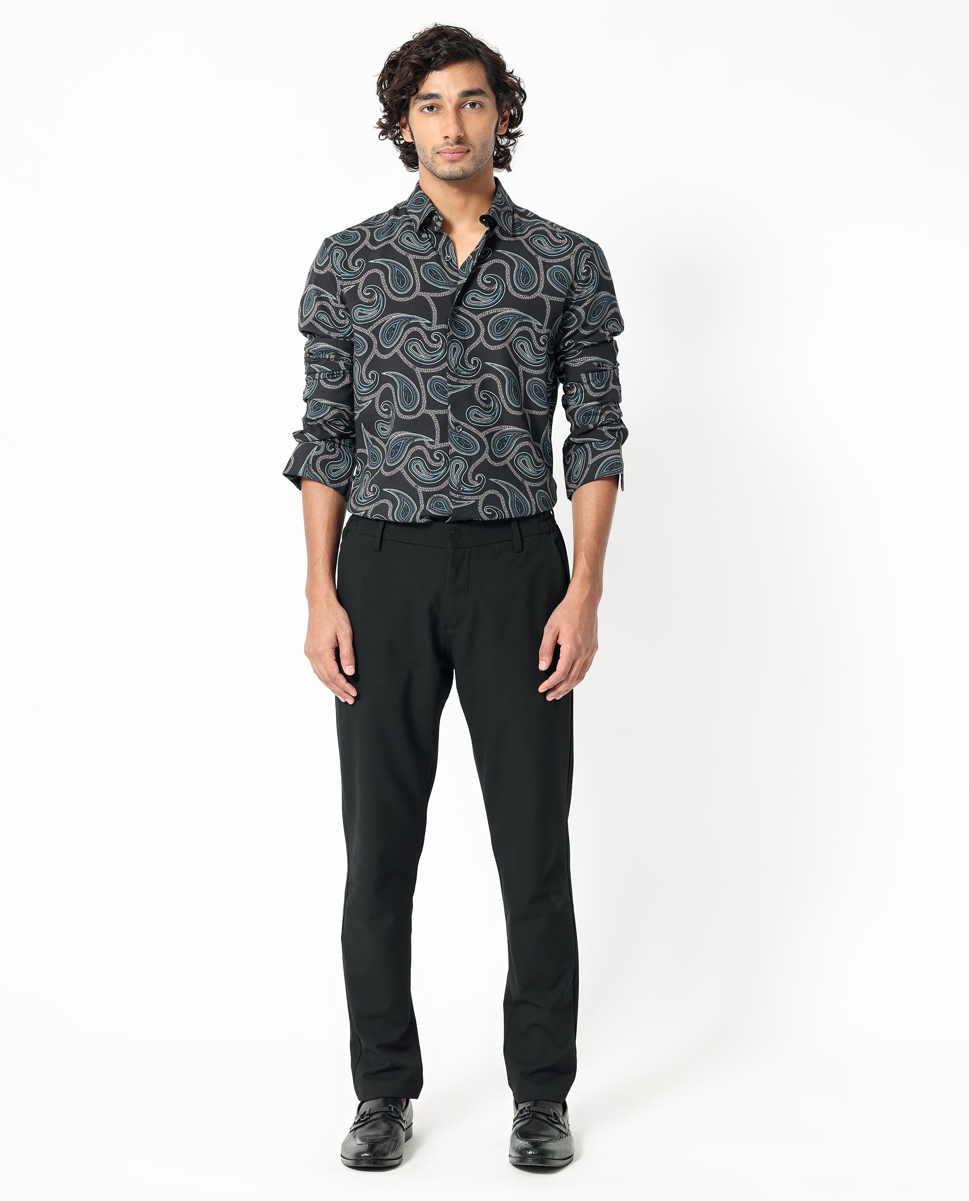 Men's Black Casual Regular Fit Printed Full Sleeves Shirt