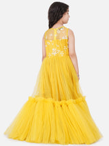 Girls Yellow Floral Embroidered Net Gown