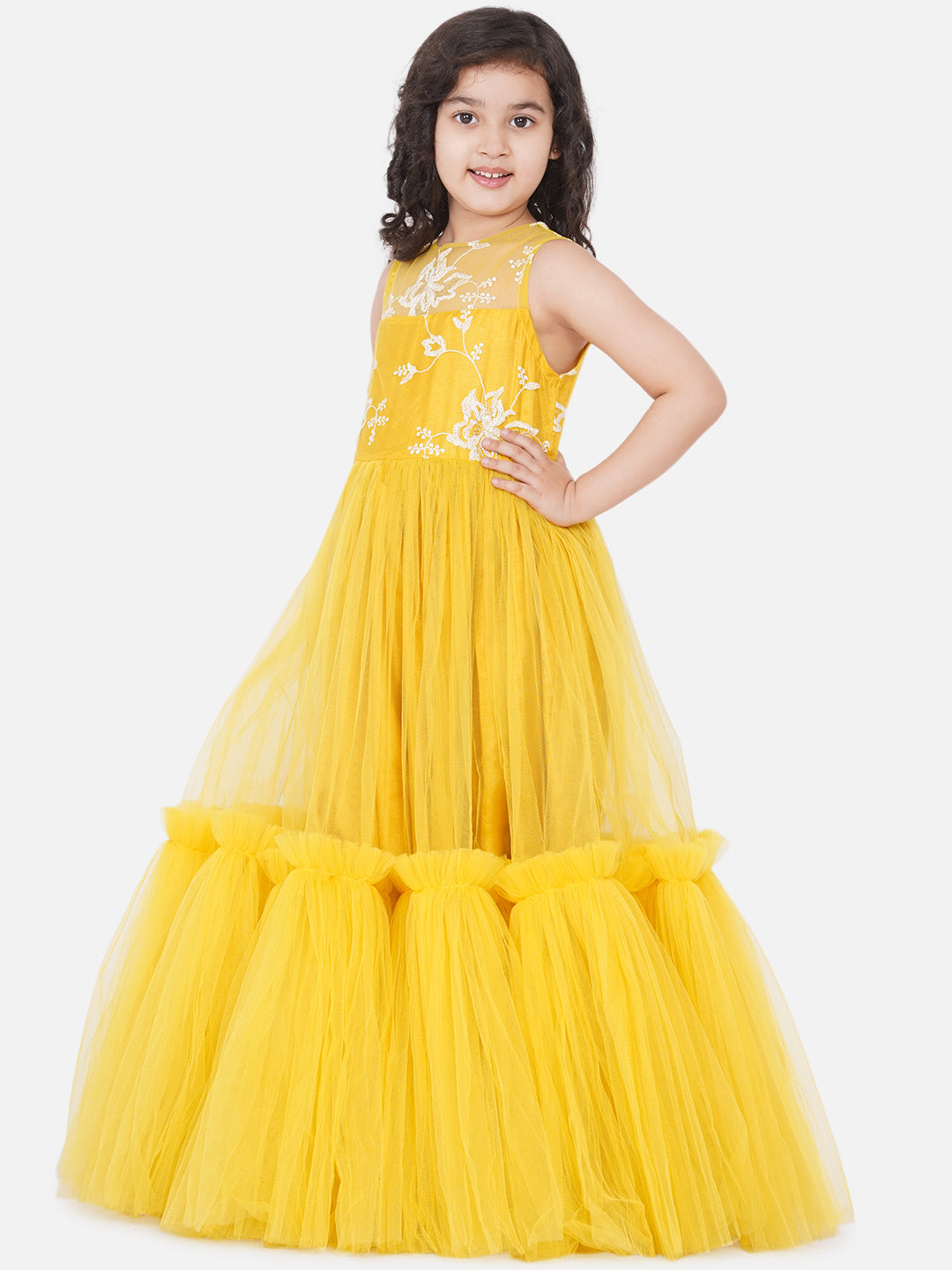 Girls Yellow Floral Embroidered Net Gown