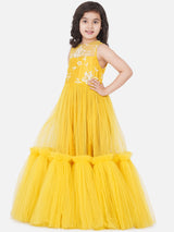 Girls Yellow Floral Embroidered Net Gown