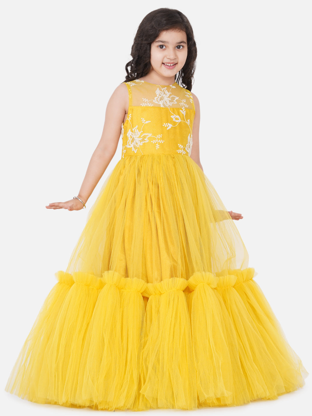 Girls Yellow Floral Embroidered Net Gown